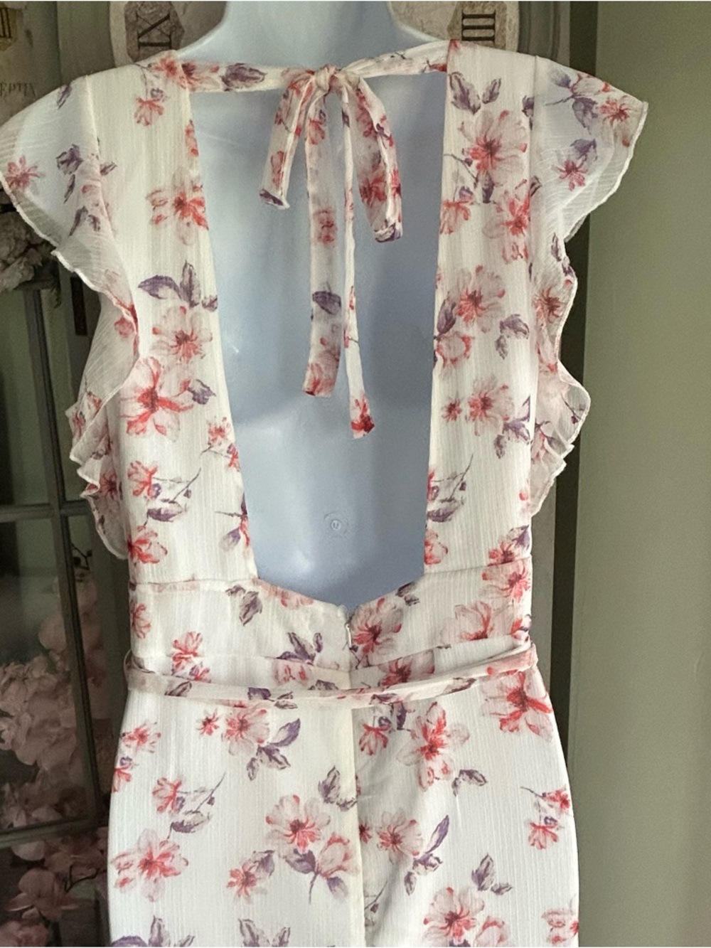 Asymmetrical High-Low Midi Dress Flutter Sleeves Ruffles Pink White Floral Sz XL - Picture 6 of 9